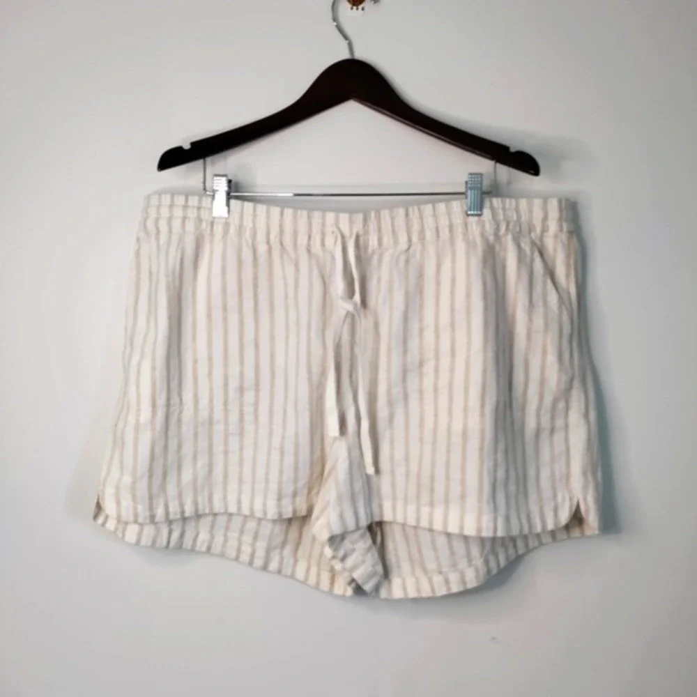 J Crew Linen Blend Beige‎ Stripe Drawstring Beach Resort Preppy Shorts Women 2X